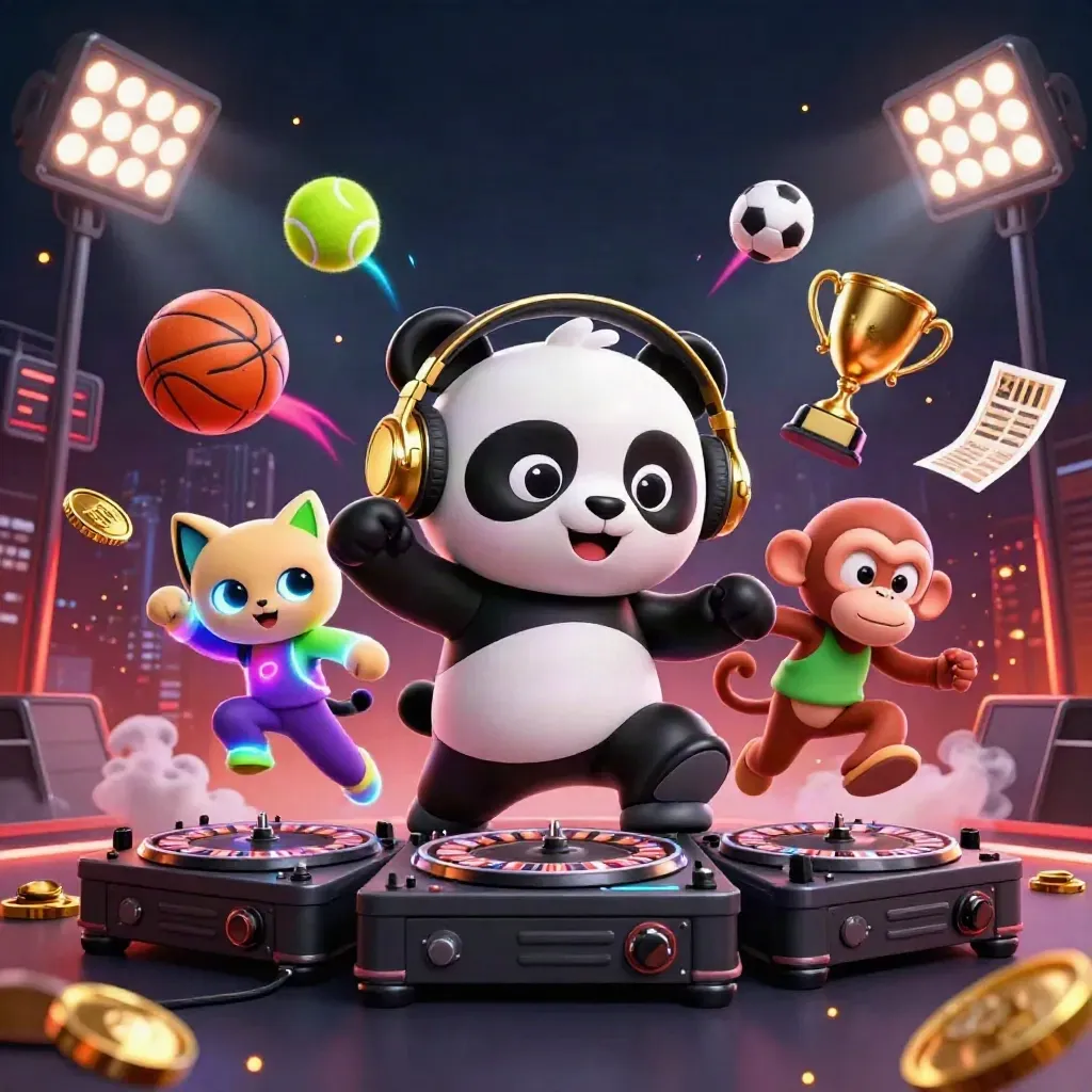 Panda DJ, breakdancing monkey, and glow-stick kitten amid flying balls, coins, and casino lights.