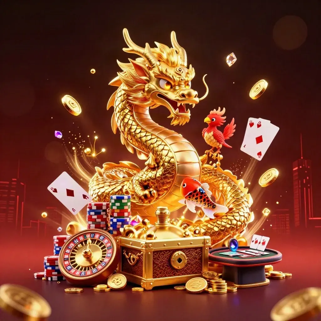 Golden dragon, phoenix and koi amid casino treasure, coins, cards and glowing lights.
