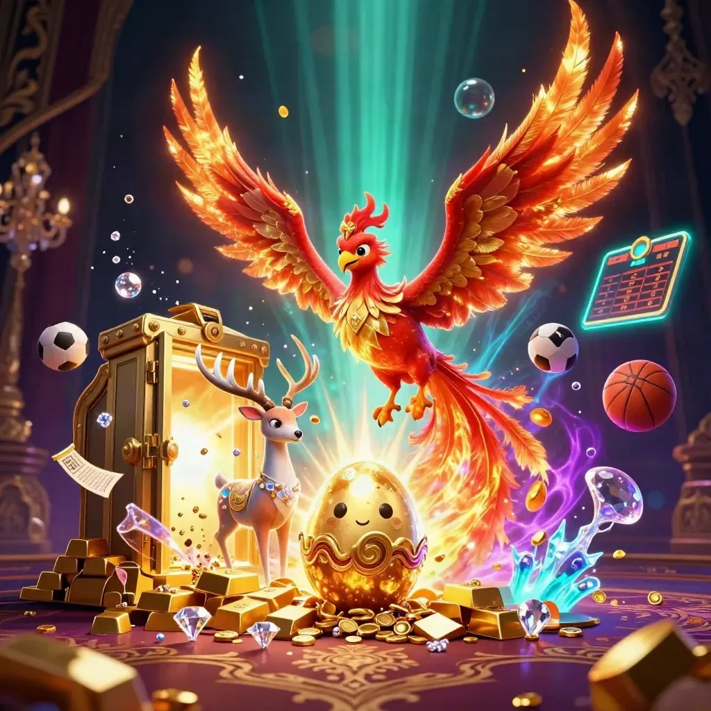 Fire phoenix, hatching baby phoenix, and crystalline stag amid casino treasure and sports objects.