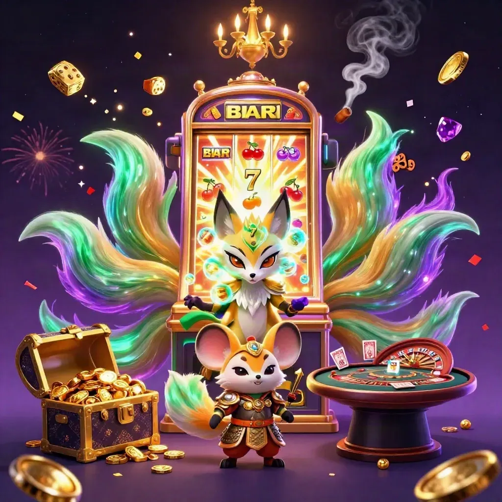 Neon fox spirit and samurai mouse amid casino symbols, glowing dice, slots, and purple-gold magic.