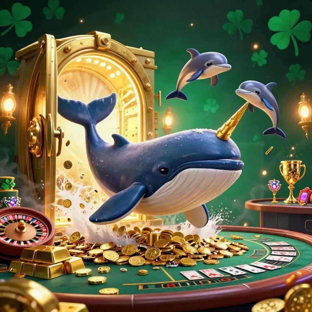 Whale captain, narwhal, and dolphins amid casino treasure, vault light, and glowing emerald-gold luxury.