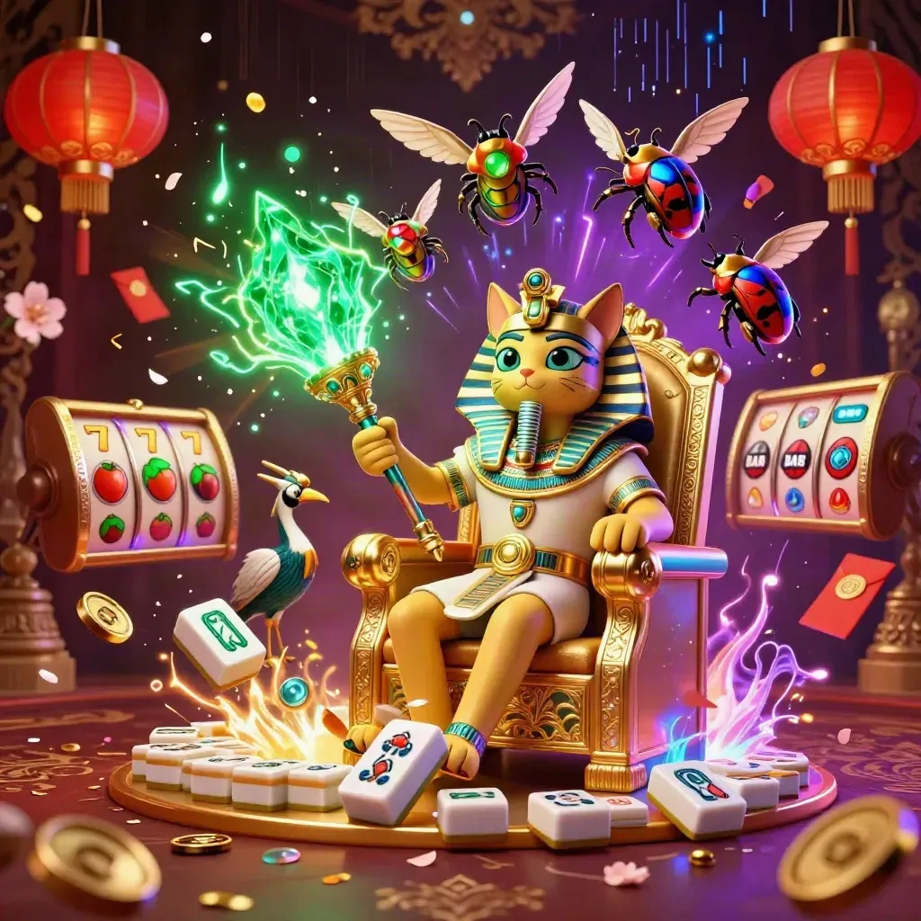 Pharaoh cat, ibis scribe and scarabs amid jade coins, lanterns, and neon casino magic.
