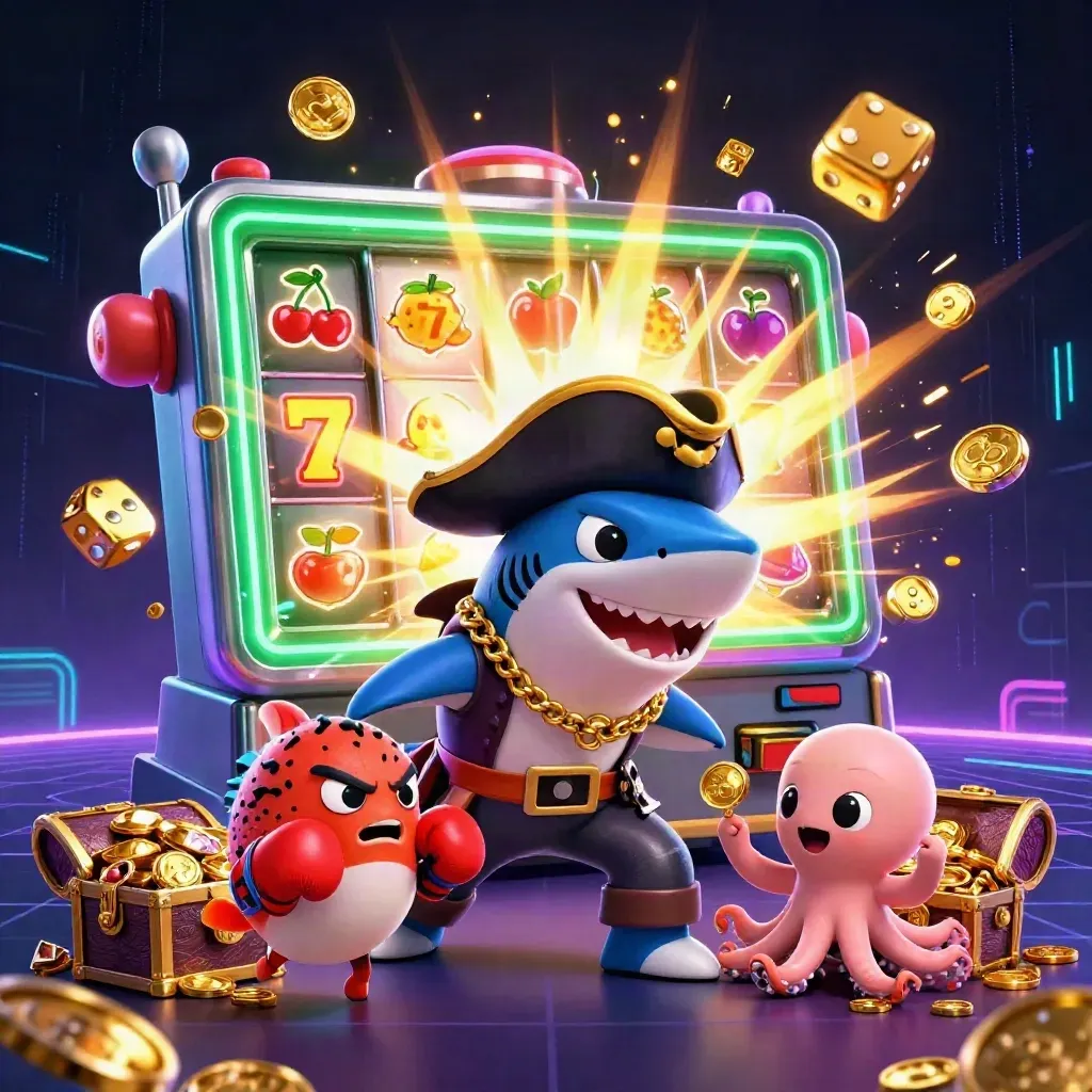 Pirate shark, pufferfish, and octopus amid slot burst, gold, and neon casino energy.