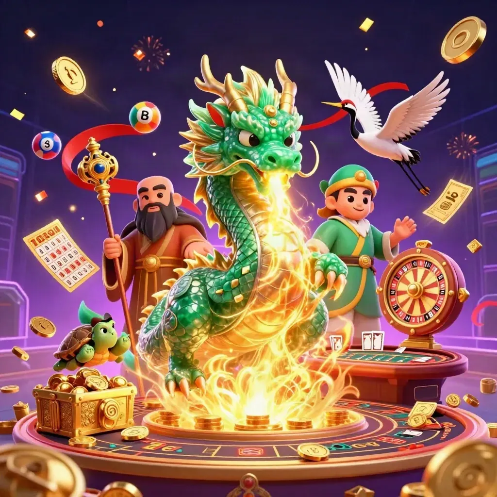Emerald dragon, sage turtle, and cranes amid casino treasures, fireworks, and neon glow.