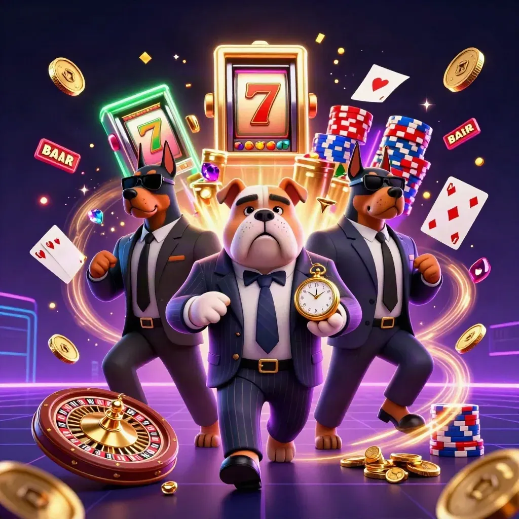 Bulldog crime boss with two Doberman guards amid casino chips, coins, roulette, cards, and neon energy.